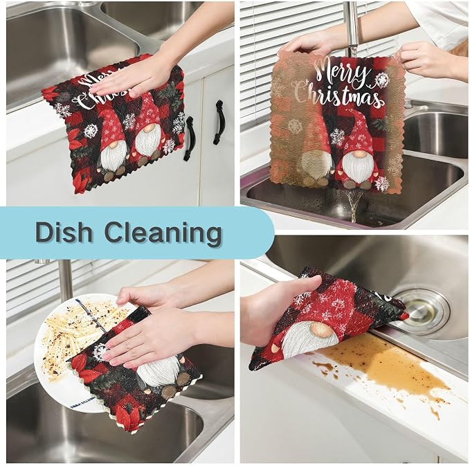 Red Black Checkered Christmas Gnome Kitchen Towels Dish Cloths Set of 6 Microfiber Cleaning Cloths for Cars Super Absorbent Machine