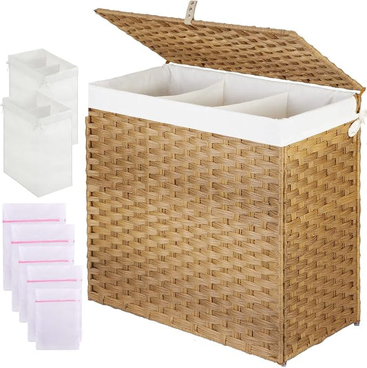 Greenstell Laundry Hamper with Lid, 125L Wicker Laundry Baskets with 2 Removable Liner Bags & 5 Mesh Laundry Bags, Handwoven Rattan Clothes Hamper with Handles for Clothes in Bathroom, Bedroom