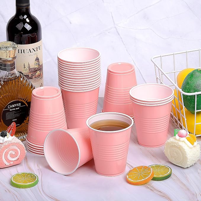 Kochorie 100 Pack Pink Disposable Plastic Cups 12 Ounce Drinking Party Cups Bulk Party Cups for Wedding Birthday Graduation Christmas Parties, Picnics Events