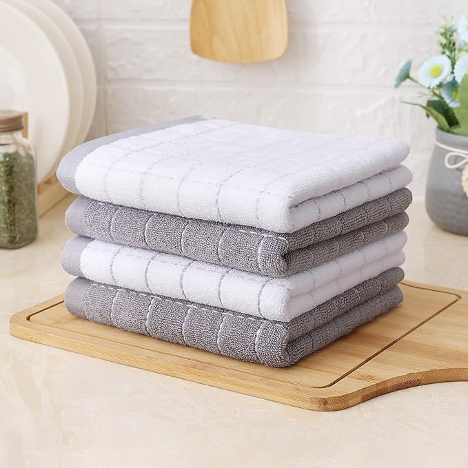 Homaxy 100% Cotton Terry Kitchen Towels(White and Light Grey, 13 x 28 Inches), Checkered Designed, Soft and Super Absorbent Dish Towels, 4 Pack