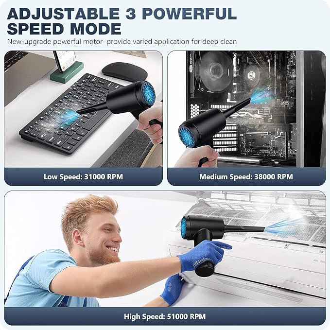 Compressed Air Duster, BIRKINHOME Electric Air Duster w/LED Light, Keyboard Cleaner for Office, Replacement Compressed Air Can, Rechargeable Air Blower for for Computer, PC, Air Conditioner Filter