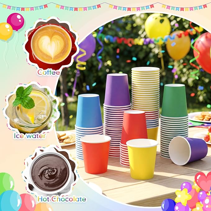 100 Pcs Rainbow Paper Cups 7 oz Disposable Party Cups Bulk for Birthday Rainbow Party Supplies DIY and Holiday Hot Cold Beverage