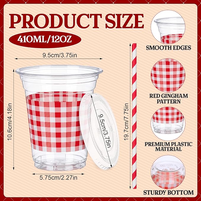 Domensi 25 Sets Red and White Gingham Plastic Cups with Lids and Paper Straws 12oz Checkered Party Disposable Cups Bulk Drinking Cup for Cold Drinks Baby Shower Wedding Birthday Summer Party Supplies