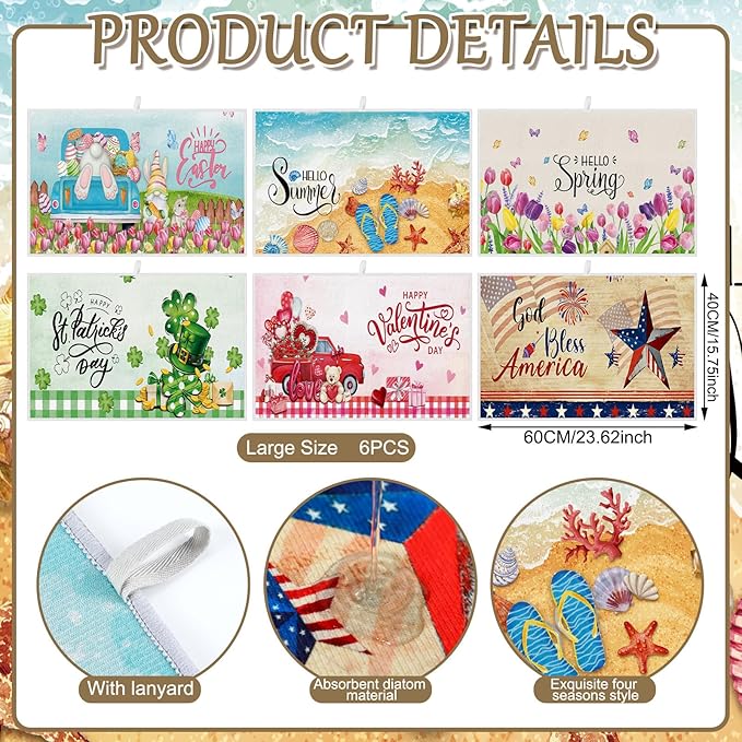 Nuanchu 6 Pcs Seasonal Dish Drying Mats for Kitchen Counter 24"x 16" Easter 4th of July Valentine St. Patrick's Day Microfiber Drainer Mat Large Holiday Spring Summer Washable Mat for Home Accessories