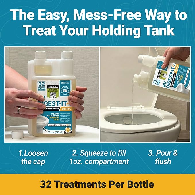 Unique RV Digest-It Ultra RV Toilet Treatment, 32 Uses, Super Concentrated - Eliminates Odor and Liquifies Waste, Easy-Measure Extra-Strength Preventive Bio-Enzymatic Holding Tank Treatment (32 oz)