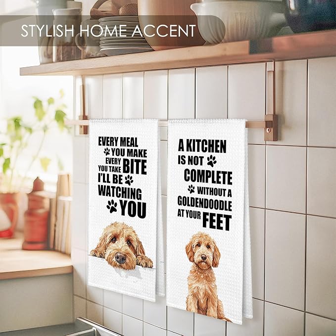 Goldendoodle Kitchen Towel Gifts for Dog Lovers Decorative Set of 2, Golden Doodle Dish Towels Dishcloths Tea Towels, Doodle Waffle Weave Microfiber Hand Towel for Kitchen Bathroom Decor 16x24