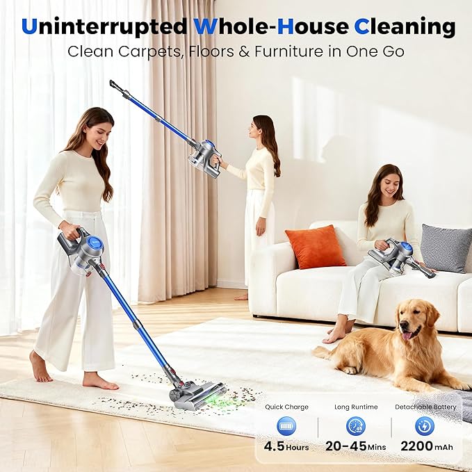 UML0 Cordless Vacuum Cleaner, 40Kpa Powerful Suction Stick Vacuum Cleaners for Home, 45 Mins Runtime, 1.6L Dust Box, Anti-Tangle, 8-in-1 Rechargeable Vacuum for Hardwood Floor,Carpet,Pet Hair