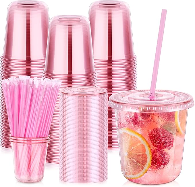 KesaPlan 50 Pack 12 oz Pink Plastic Party Cups with Lids and Straws, Disposable Iced Coffee Cup with Lids, Round Bottom Drinking Cups for Birthday Wedding Valentine's Galentine's Bachelorette Party