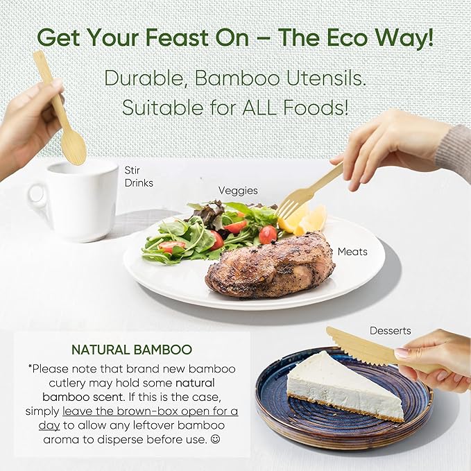 EcoPreps Premium Pre-Rolled Napkin and Bamboo Cutlery Set (100 Pack, 400 PCS) 100% Biodegradable, Eco-Friendly, Disposable Wrapped Cutlery - Includes Pre-Wrapped Bamboo Forks, Knives, Spoons, Napkins