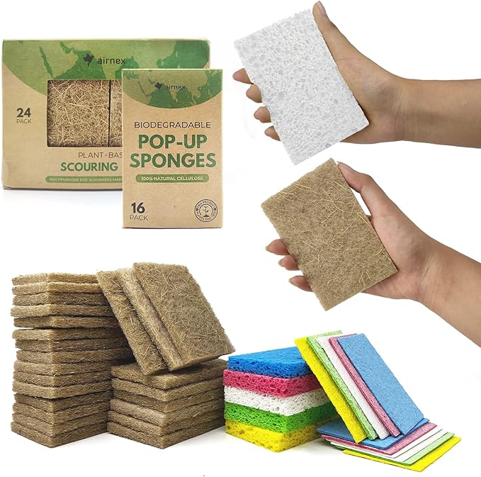 AIRNEX Biodegradable Scrubbing Pads for Dishes - Pack of 24 Coconut Fiber Scrub Pads for Dishes - Non Scratch Scouring Pads for Pots and Pans with Pack of 16 Cellulose Compressed Sponges