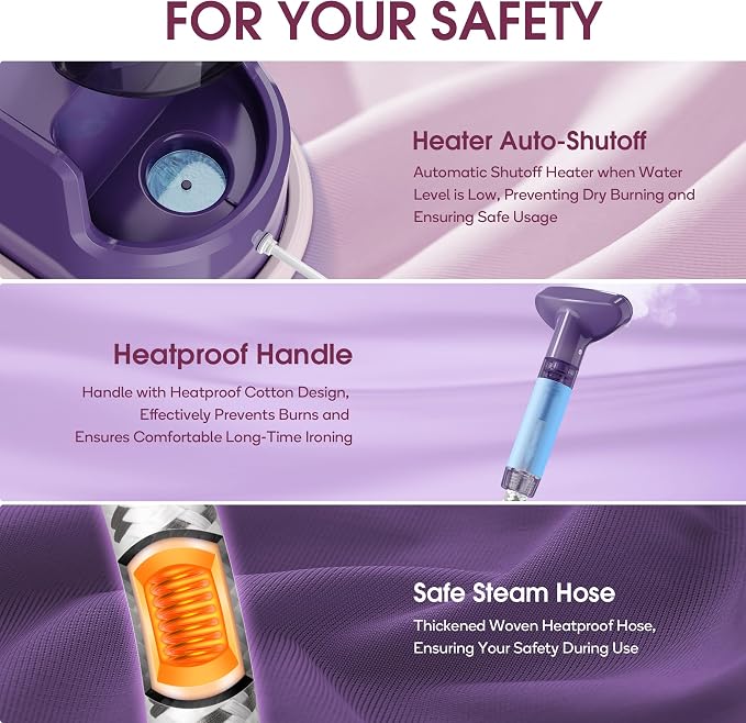 Newbealer Standing Garment Steamer 1500W Full-Size with Foot Pedal (Purple) | 1.7L Large Water Tank, 45s Fast Heat-Up, 50-Min Vertical Steaming, Auto-Off, for Home/Hotel/Laundry