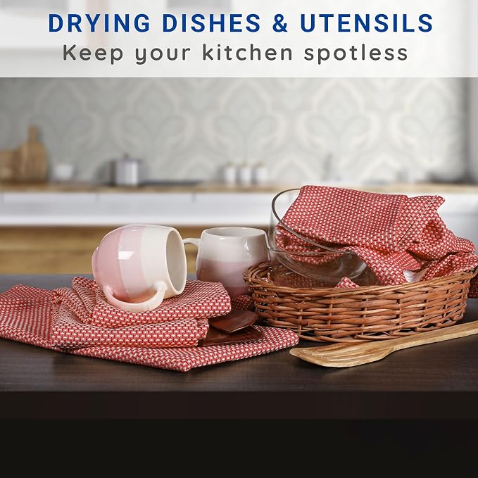 TWINY threads 6-Pack Cotton Kitchen Towels, 18x28 Inches, Soft & Absorbent Dish Cloths Set with Hanging Loop, Quick-Dry, Reusable and Washable Washcloths for Cooking, Baking & Cleaning Tasks, Red