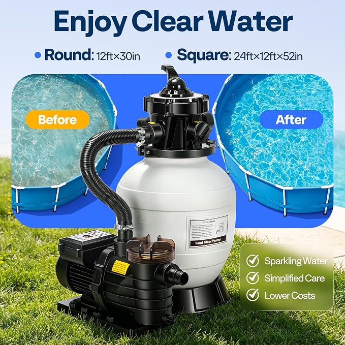 VIVOHOME Upgraded 2087 GPH Sand Filter Pump w/Timer, Fits in/Above Ground Pool Up to 10,000 Gallons, 7-Way Valve with 28.7-Pound Sand Capacity