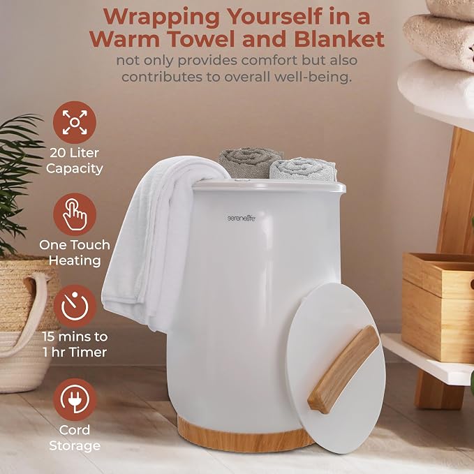 SereneLife Bucket Towel Warmers, White Large Towel Warmer for Spa and Bathroom, Luxury Towel Heater Gifts for Him & Her, Auto Shut-Off, Fits 2 large, Blankets, Bathrobes, PJ's