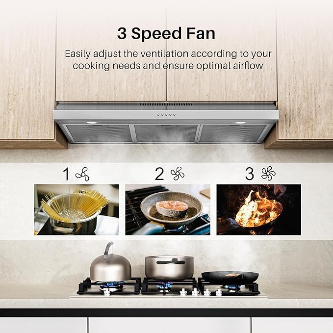 FIREGAS 36 Inch Under Cabinet Range Hood, Ducted/Ductless Convertible Kitchen Vent Hood with 3-Speed Exhaust Fan, 300 CFM, LED Lights, Stainless Steel Stove Hood for Kitchen
