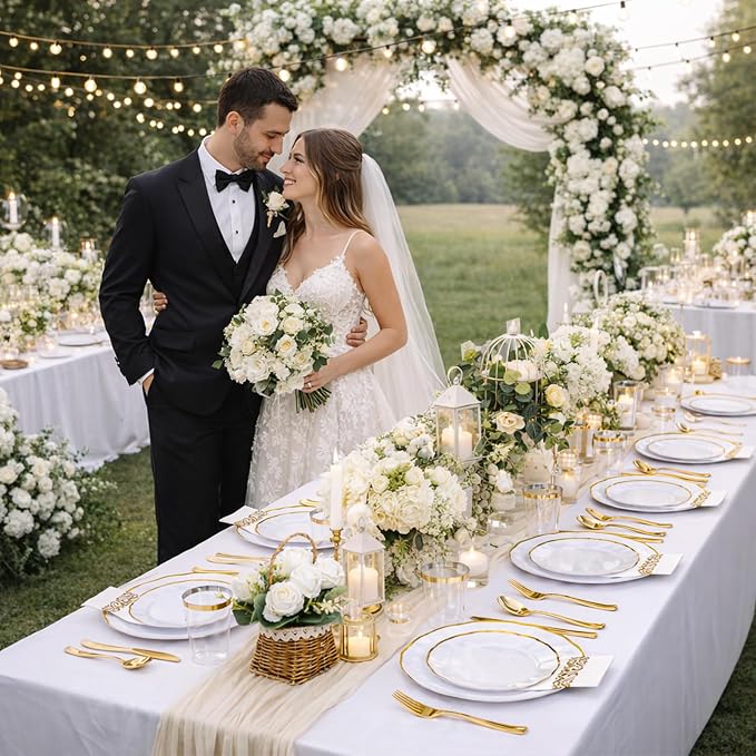 LIYH 350 Pcs White Plates for Wedding Reception Plastic Plates for Party 50 Guest 100 Disposable Plates 150 Gold Plastic Silverware 50 Gold Cups 50 Napkins Perfect for Wedding Birthday