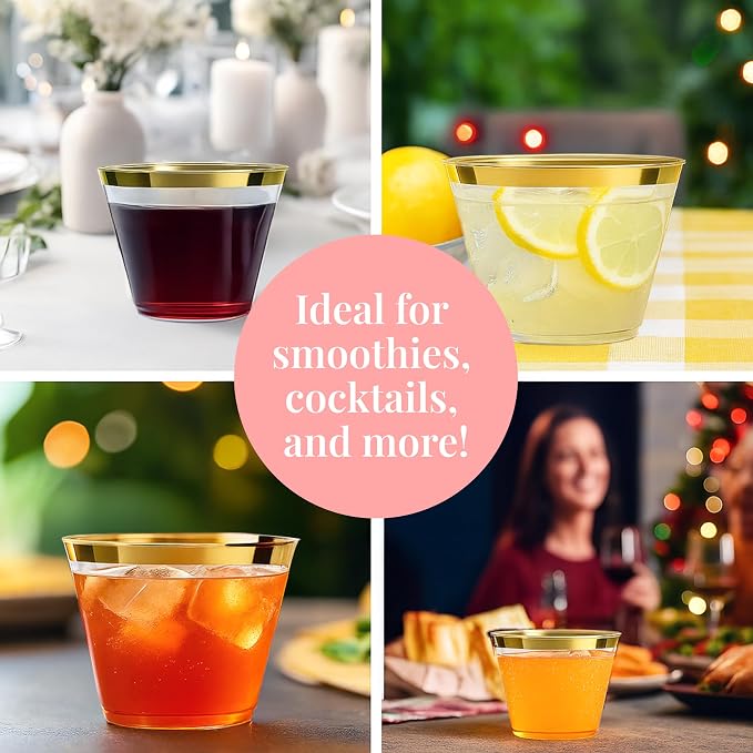 Prestee Hard Disposable Cups - Heavy Duty Fancy Plastic Cups - Plastic Cocktail Drinkware - Disposable Drinking Cup 9 oz - Bulk Drinking Glasses for Wedding - 200ct Gold Tumblers (Pack of 2)