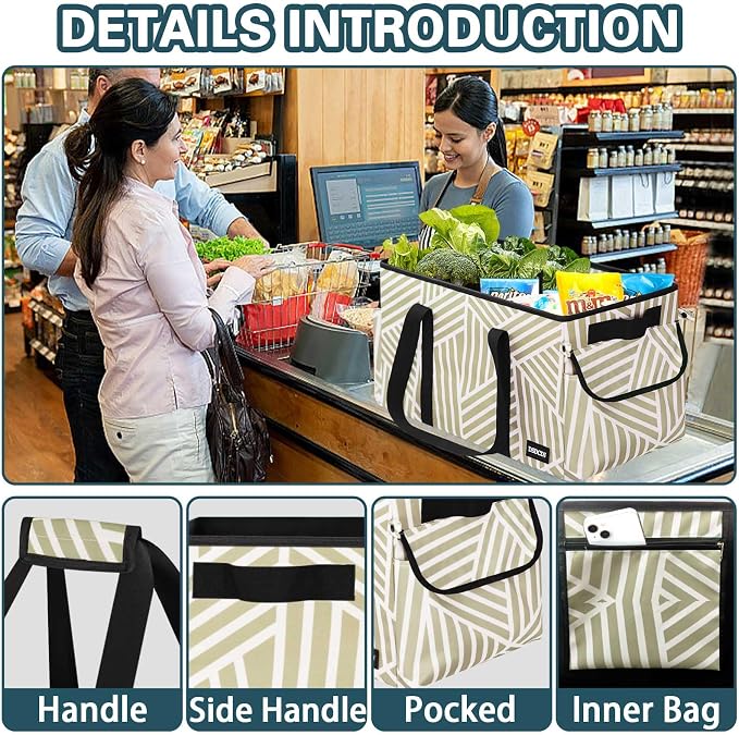 Standing Extra Large Utility Tote Bag with Hard Bottom & Hard Sides, Heavy Duty Reusable Grocery Bags with Handles & 3 Pockets for Shopping, Picnics, Camping, Laundry, Car, Beach Tote Bag