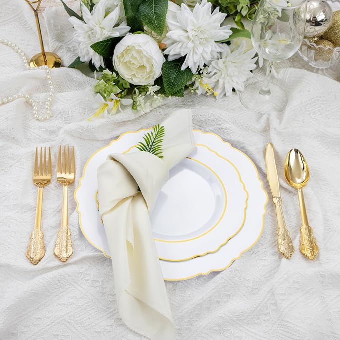 Liacere 350PCS Gold Plastic Plates-Disposable White and Gold Plates 50guest Baroque Plastic Dinnerware include 100Plates, 50Pack Pre Rolled Napkins with Silverware 50Cups for Wedding & Party