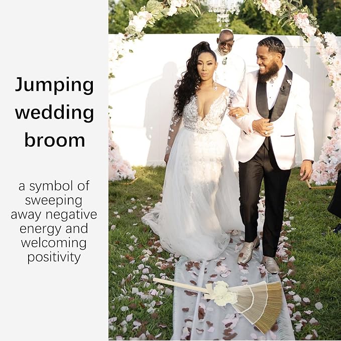 Wedding Broom for African American Jumping Ceremony, Decorative Jump Broom DIY Wedding Decor, Pearl Yarn Pearl Chain with Ribbons Artificial Pearl Roses
