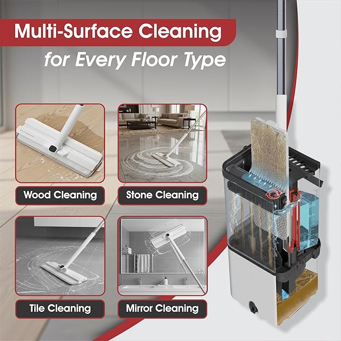 Self Cleaning No Dirt Flat Extendable Mop & Transparent Bucket System,Dual Chamber Design for Clean/Dirty Water Separation,Includes Microfiber Pads,Wet & Dry Floor Mop 360 (4 Refills)