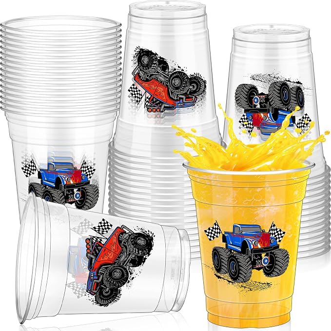 Pickmesh 50 Pcs Monster Truck Birthday Party Plastic Cup 12 Oz Monster Thick Clear Cup Truck Cups Birthday Table Decorations Party Favor