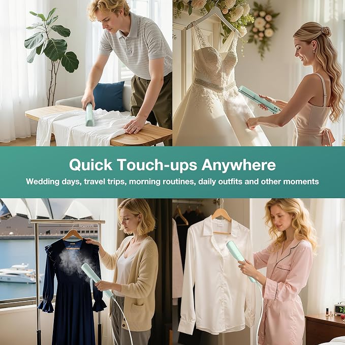 Newbealer 3in1 Travel Iron, 100-240V Clothes Steamer, 2 Steam Levels, Green | Portable for On-the-Go, Heats in 20s, Dry Iron w/ Clamp, 180° Rotatable Head, 360° Leak-Proof, Auto-Off, Self-Cleaning, 90ml
