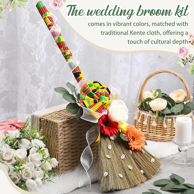 Yungyan Wedding Brooms for Jumping Ceremony Kente Bride Bridegroom DIY Whisk Brooms 12 x 29 Inch with Kente Cloth Gerbera Daisies African Shells for Wedding Ceremony Craft