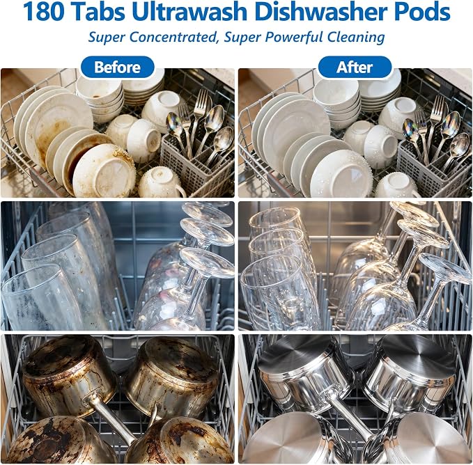 180 Pack UltraWash Dishwasher Detergent Pods,No Pre-Rinse Dishwasher Detergent Soap On Stain and Grease, Cuts Grease & Stuck-On Food,Sparkling Dishes & Glasses,Dishwasher Detergent for Deep Cleaning