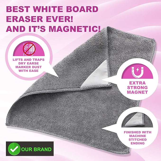 Tudomro 30 Pcs Magnetic Microfiber Cleaning Cloth Dry Erasers Bulk for Most Whiteboards Dry Erase Cloth Cleaner Reusable, Home, Office, 10'' x 10''(Black, Gray)