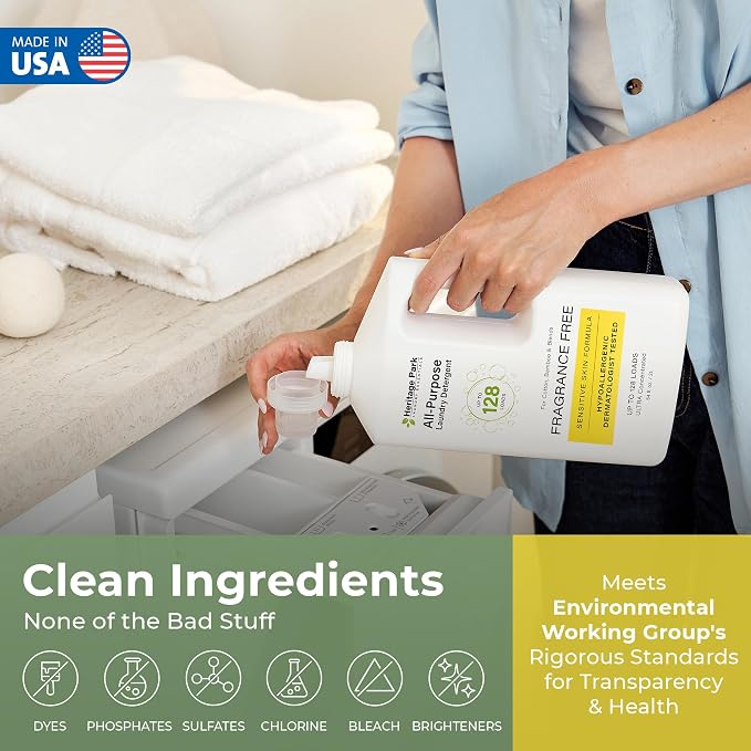 Heritage Park Luxury Laundry Detergent | Dermatologist Tested Plant based Natural & Enzyme Laundry Detergent | Sensitive Skin Friendly - Fragrance Free (64 fl oz)