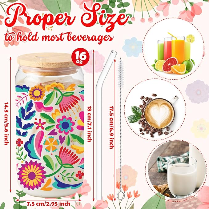 Sliner 2 Pcs Mexican Glass Cups Fiesta Cinco De Mayo Drinking Tumbler Mandala Flower Gifts 16 oz Iced Coffee Cup with Lid Straw Cleaning Brush for Home Office Holiday Decorations