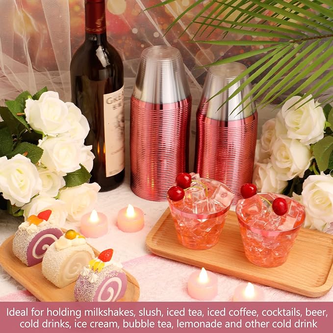 Lounsweer 100 Pcs 9oz Rimmed Plastic Cups Wedding Clear Cocktail Cups Heavy Duty Disposable Wine Glasses for Birthday Bridal Shower Baby Shower Holiday Celebrations(Pink)