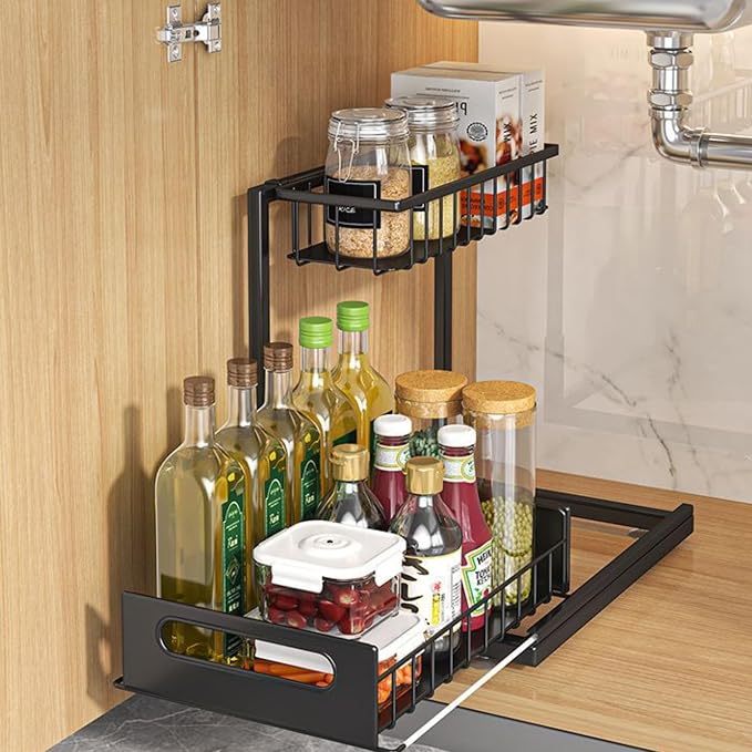 2-Tier Under Sink Organizer Rack – Adjustable Kitchen & Bathroom Storage Shelf with Sliding Baskets, Space Saver for Cleaning Supplies, Pantry, Spices, Toiletries – Heavy Duty Metal Organizer -1 PACK