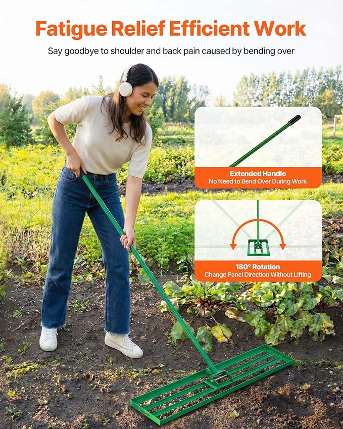 VEVOR Lawn Leveling Rake, 48"x10" Level Lawn Tool, Heavy-Duty Lawn Leveler with 78" Steel Extended Handle, Yard Leveling Rake Suit for Garden, Golf Lawn, Farm