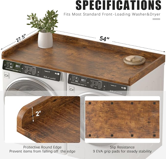 Piskyet Washer Dryer Countertop,Laundry Countertop with Edge Rails,27.5" Depth x 54" Wood Countertop For Washer and Dryer,Laundry Machine Topper for Laundry Room Organization and Storage(Rustic Brown)