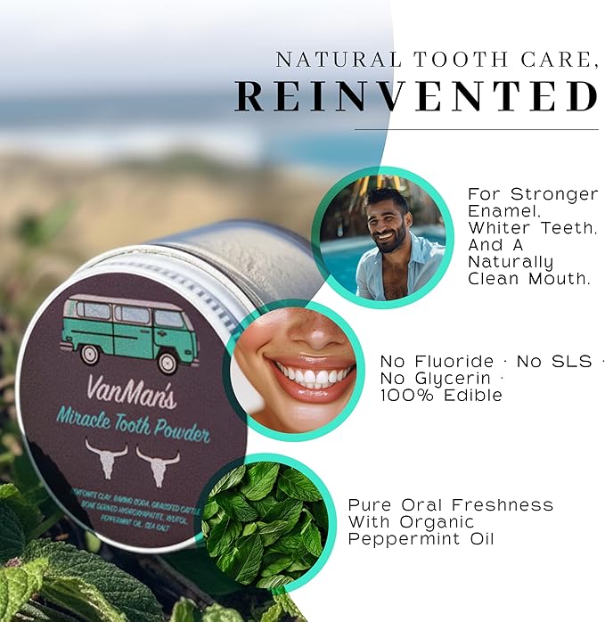 Vanman’s - Mint and Bone Tooth Powder Toothpaste (3 Pack) - Remineralizing Tooth Powder with Cattle Bone Derived Hydroxyapatite, Bentonite Clay, Peppermint Oil and Baking Soda - 2.2 oz