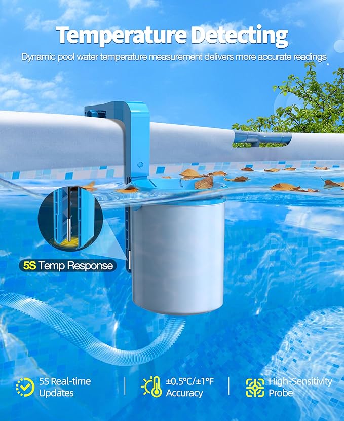 DeeprClean Newly Above Ground Pool Skimmer with Solar Digital Thermometer, Wall Mount Surface Skimmer with Adjustable Height Bracket, Auto Skimming for Pool Surface Floating Leaves & Debris - Blue