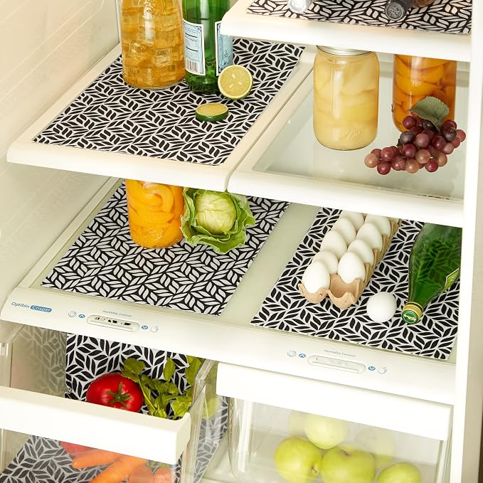 DII Fridge Liner Collection Non-Adhesive, Cut to Fit, 12x24, Black Abstract Leaf, 6 Piece