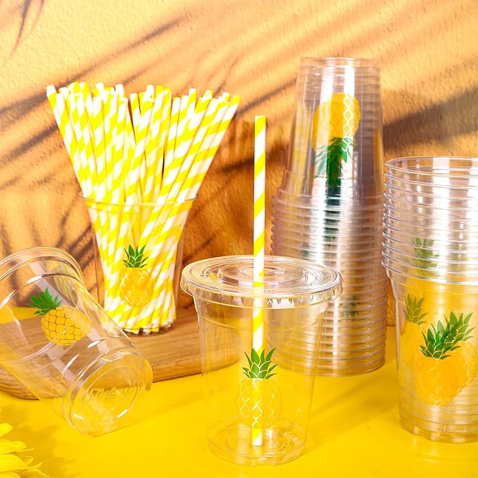 Whaline 50Pcs Pineapple Disposable Plastic Cups with Lids and Straws 12 Oz Tropical Fruit Cold Beverage Drinking Cups for Summer Hawaiian Birthday Party