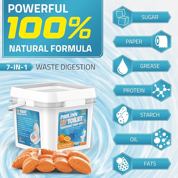 PAULINN RV Toilet Treatment Drop Ins, 50 Packs Septic Tank Treatment Pods Holding Tank Deodorizer for RV Black & Grey Water Tank Camper Marine Boat Camping, Orange