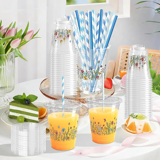 50 Sets Wildflower Plastic Cups with Lids Straws 12 oz Floral Disposable Cups Spring Flower Party Favor Drinking Beverage Cup for Baby Shower Birthday Party Supplies