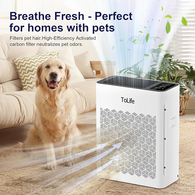 Tolife Air Purifier Large Room, HEPA Air Purifiers for Home Pets Hair with Washable Filter, Air Cleaner for Bedroom up to 1095 Ft² Dust Smoke Odor, Sleep Mode, Timer, White