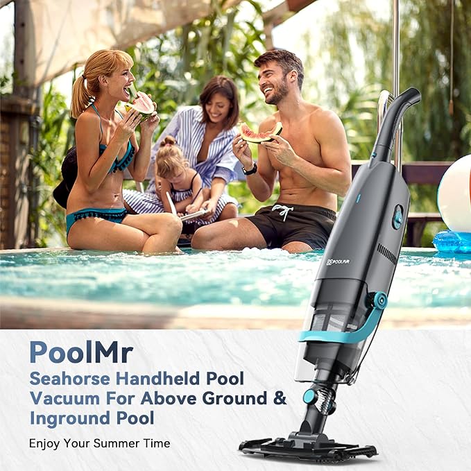 PoolMr Cordless Pool Vacuum for Above Ground Pools & Inground Pools, 18.5 GPM Suction, 60min Runtime – Handheld Pool Vacuum with Telescopic Pole, for Spas & Hot Tubs, Solid Black