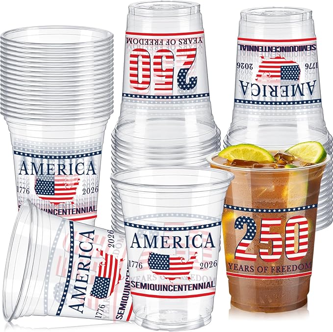Jingmore 50 Pcs 250th Anniversary Plastic Cups 12 oz Patriotic Disposable Plastic Cups 1776-2026 Freedom Thick Clear Drinkware for Independence Day 4th of July Party Supplies