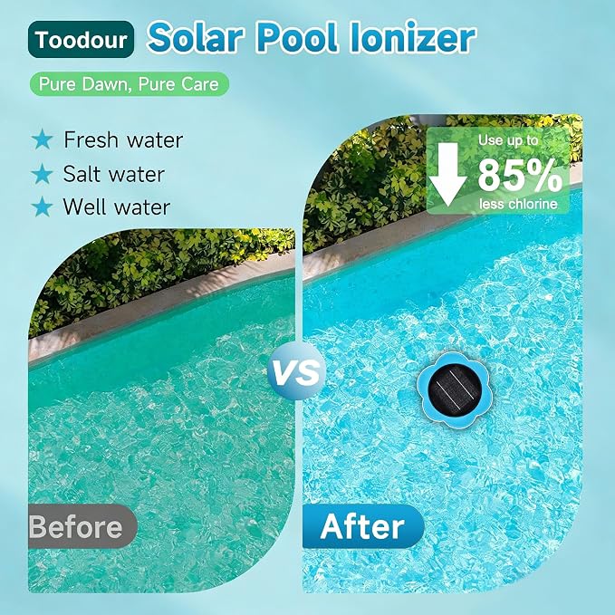Toodour Solar Pool Ionizer - Upgraded Floating Solar Pool Ionizer for Above Ground Pool Cleaner, Up to 45,000 Gallons Durable Pool Cleaning Equipment Easy Pool Maintenance for Swimming Pools