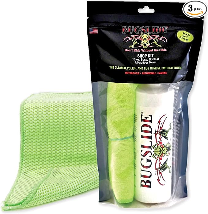 BugSlide Cart Combo - Shop Kit 16oz Spray Bottle Cleaner with Microfiber Towel and Mesh X-Treme Cloth - Multisurface Cleaning and Car Detailing Solution that Shines and Degreases Without Scratching