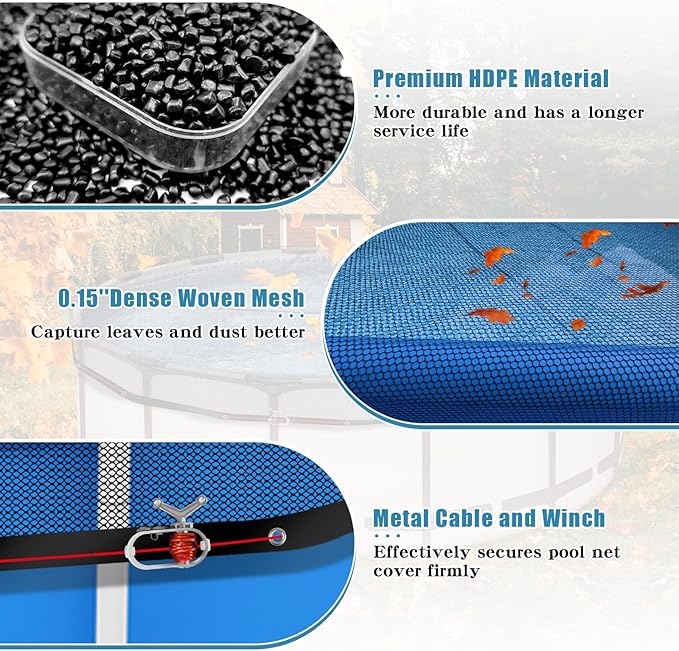 30 FT Pool Leaf Net Cover for Above Ground Pools, Ultra-Fine 0.15’’ Mesh Pool Cover with Winch & Cable, Pool Leaf Cover Prevents Leaves and Debris from Entering Pool