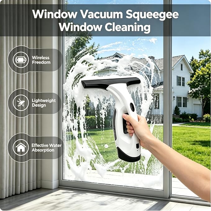 2200mAh Electric Window Cleaner Tool, Window Vacuum Squeegee Cordless, for Efficiently Spraying, Wiping and Vacuuming Windows, Mirrors, Shower Glass, Tiles (US Plug