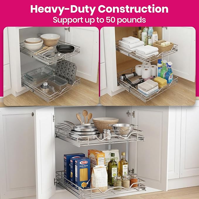 2-Tier Pull-Out Cabinet Organizer with Heavy-Duty Steel Frame, Full-Extension Sliding Shelves, Holds 100 lbs, Easy Install for Kitchen, Pantry & Under Sink Cabinets, 28" W x 21”D x 16.5" H